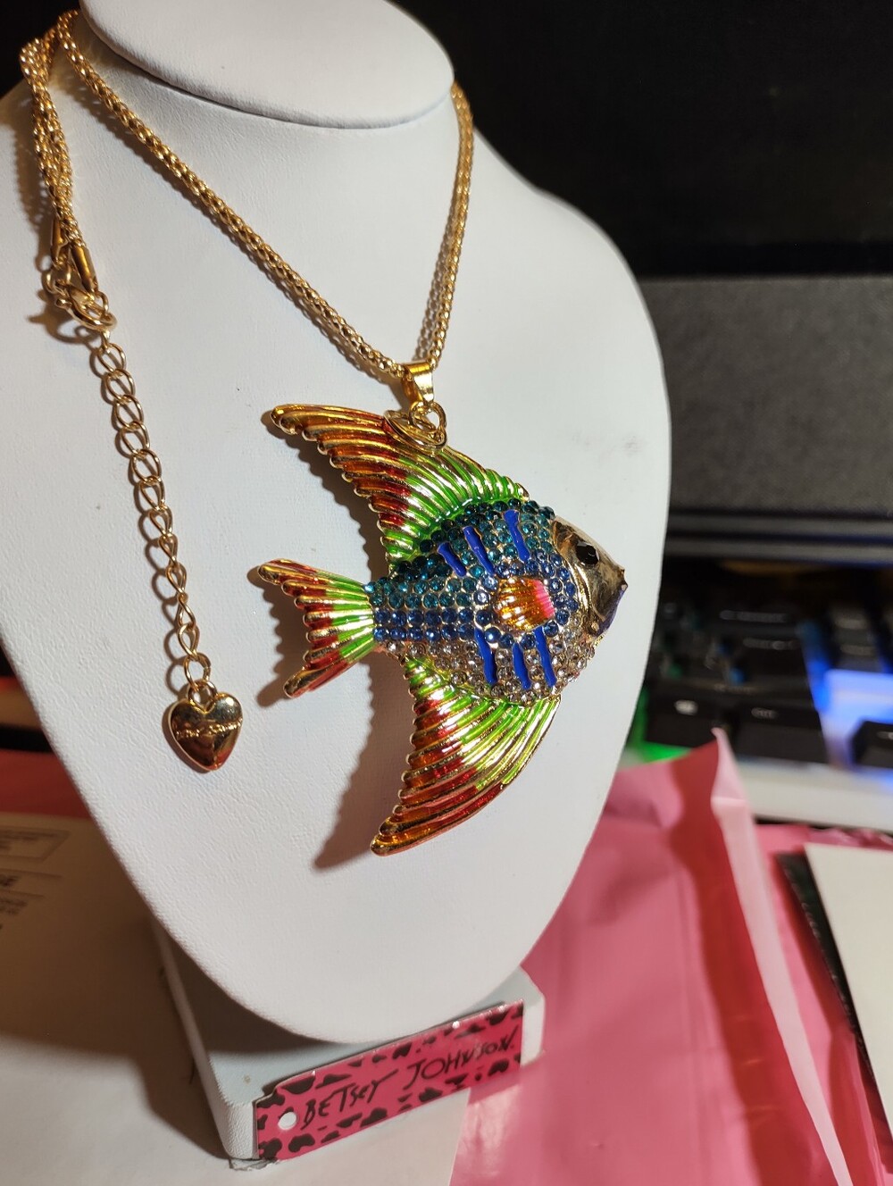Betsey Johnson Gold Tone Fish Pendant Necklace with Blue & Green Enamel - Picture 3 of 3